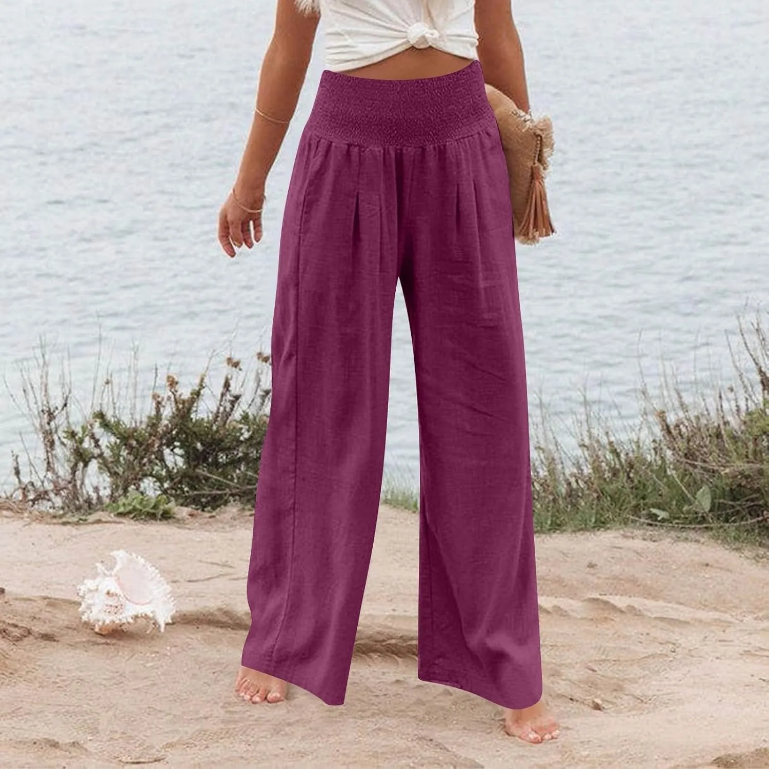 Baggy Linen Pants Women Summer High Waisted Wide Leg Palazzo Pants Smocked Pant Lounge Work Trousers with Pockets