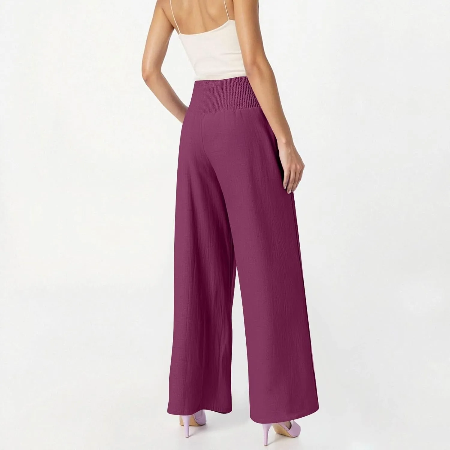 Baggy Linen Pants Women Summer High Waisted Wide Leg Palazzo Pants Smocked Pant Lounge Work Trousers with Pockets