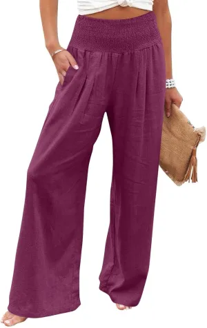 Baggy Linen Pants Women Summer High Waisted Wide Leg Palazzo Pants Smocked Pant Lounge Work Trousers with Pockets