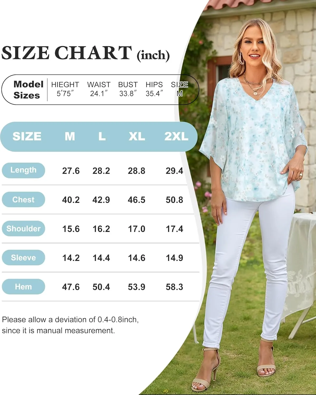 Bebonnie Womens Ruffle 3/4 Sleeve V Neck Double Layers Chiffon Blouses Dressy Tops