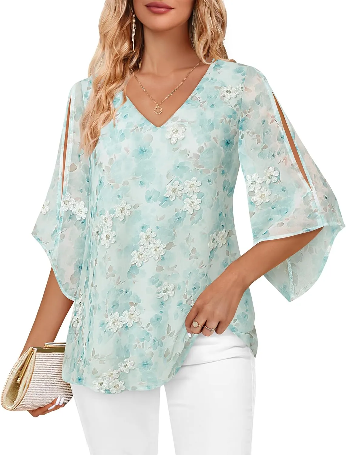 Bebonnie Womens Ruffle 3/4 Sleeve V Neck Double Layers Chiffon Blouses Dressy Tops