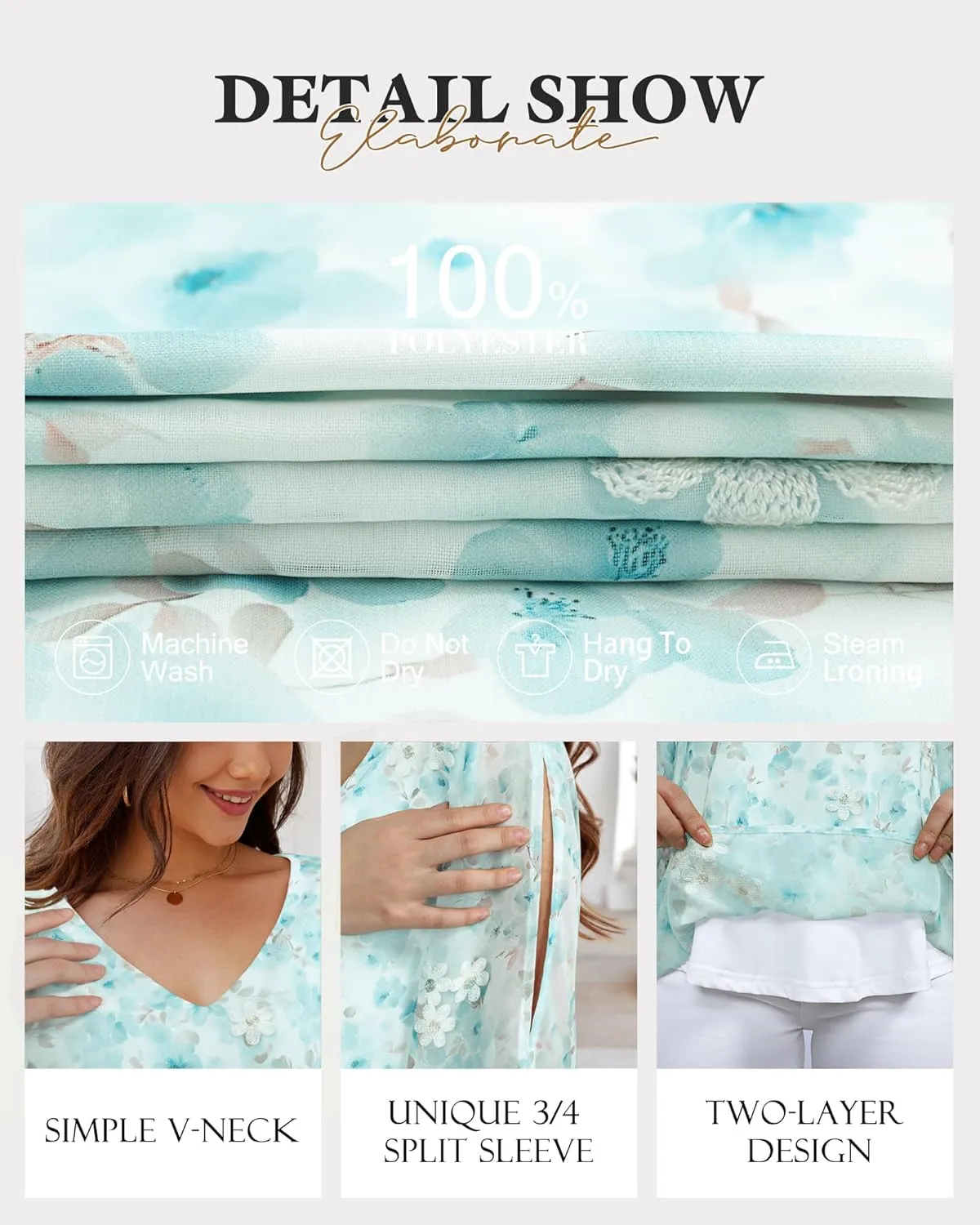 Bebonnie Womens Ruffle 3/4 Sleeve V Neck Double Layers Chiffon Blouses Dressy Tops