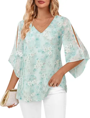 Bebonnie Womens Ruffle 3/4 Sleeve V Neck Double Layers Chiffon Blouses Dressy Tops