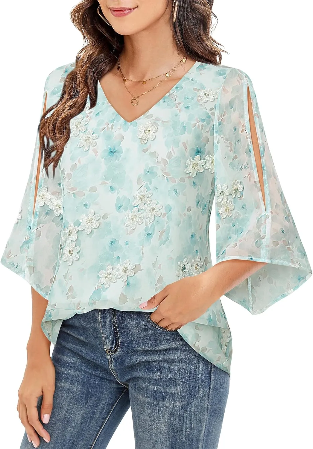 Bebonnie Womens Ruffle 3/4 Sleeve V Neck Double Layers Chiffon Blouses Dressy Tops