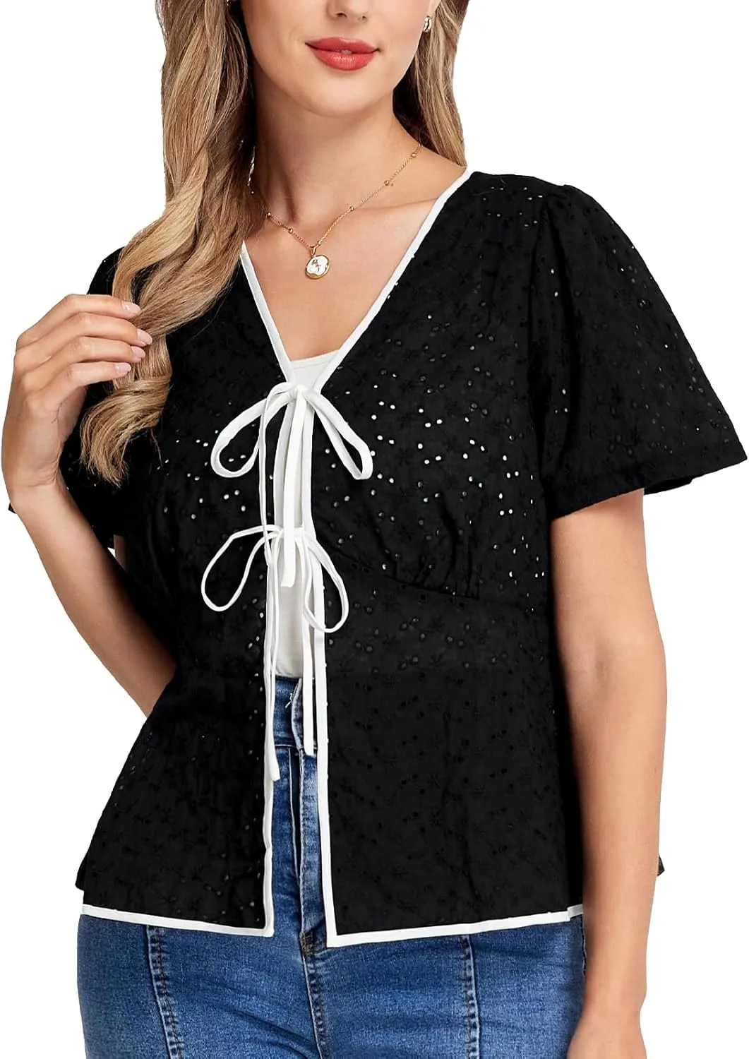 Belle Poque Womens Tie Front Tops 2025 Summer Trendy Hollow Out Eyelet Short Sleeve Peplum Blouse Cute Babydoll Tops