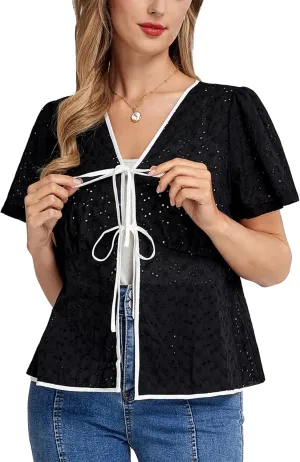 Belle Poque Womens Tie Front Tops 2025 Summer Trendy Hollow Out Eyelet Short Sleeve Peplum Blouse Cute Babydoll Tops