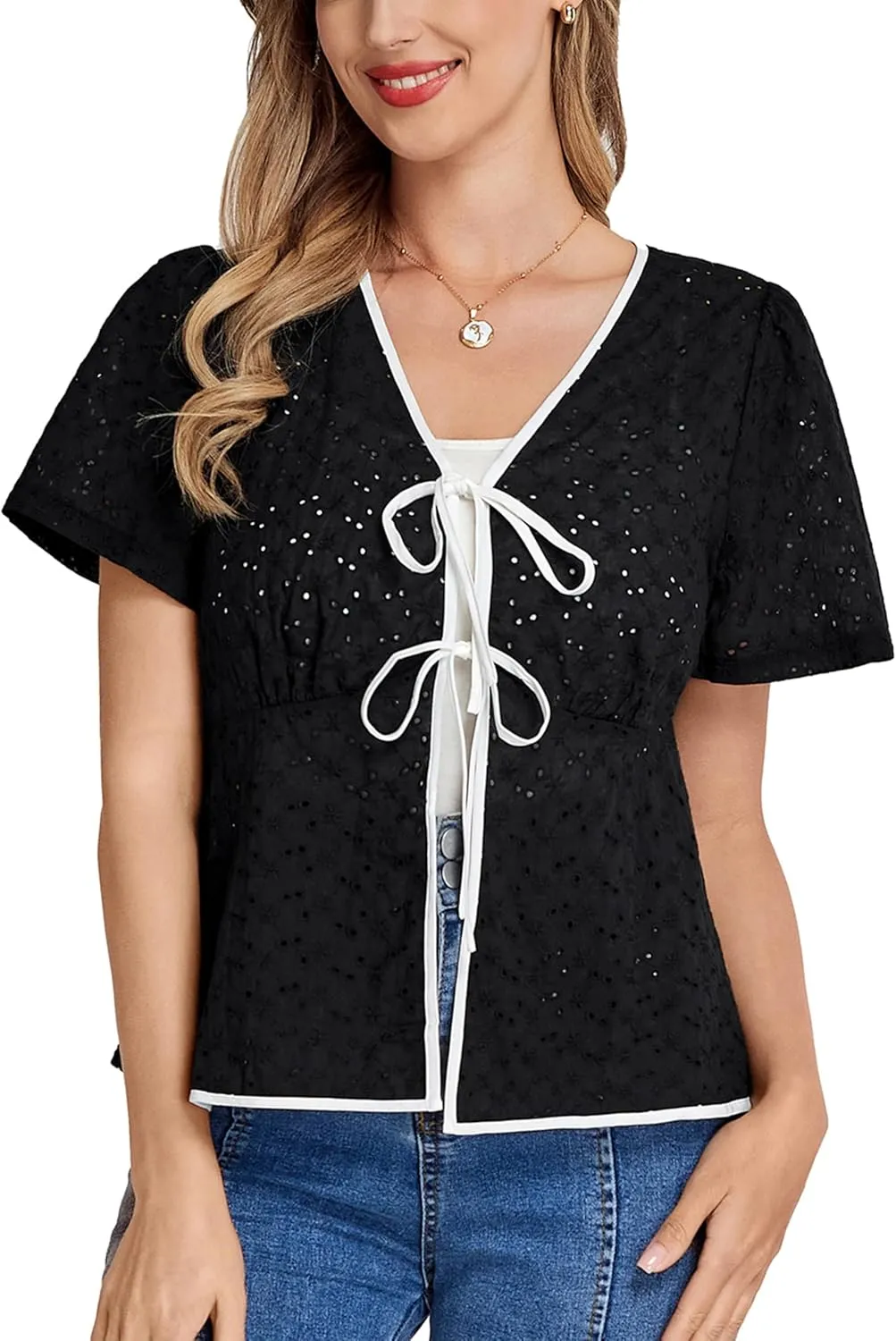 Belle Poque Womens Tie Front Tops 2025 Summer Trendy Hollow Out Eyelet Short Sleeve Peplum Blouse Cute Babydoll Tops