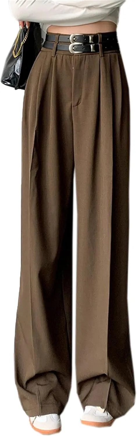 Betusline Women's Dress Pants Solid High Waist Double Belted Wide Leg Trousers