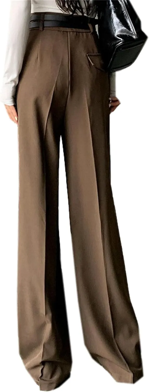 Betusline Women's Dress Pants Solid High Waist Double Belted Wide Leg Trousers