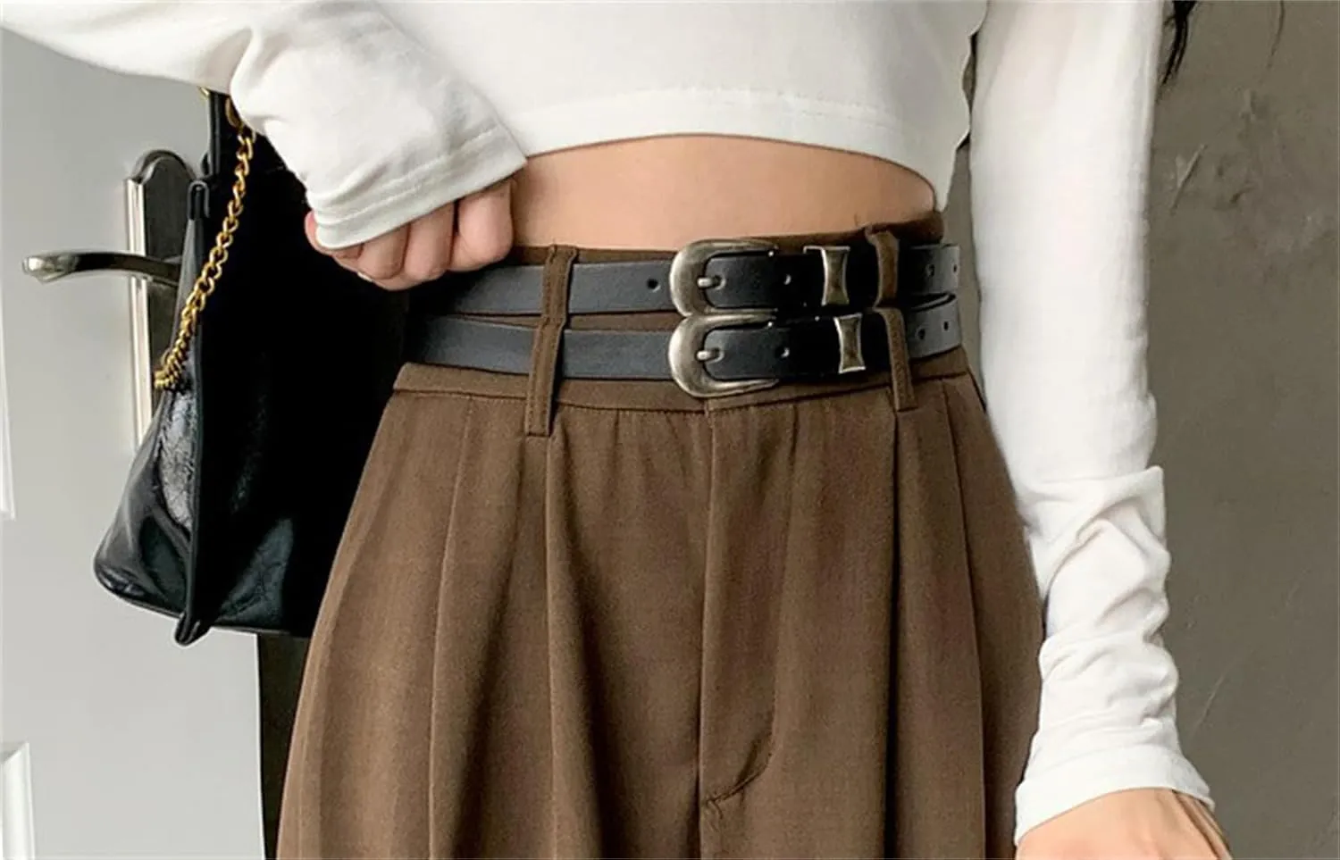 Betusline Women's Dress Pants Solid High Waist Double Belted Wide Leg Trousers