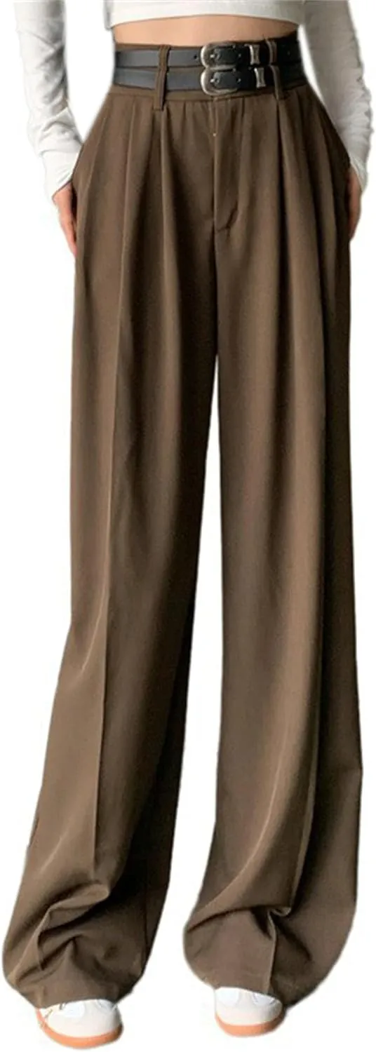 Betusline Women's Dress Pants Solid High Waist Double Belted Wide Leg Trousers