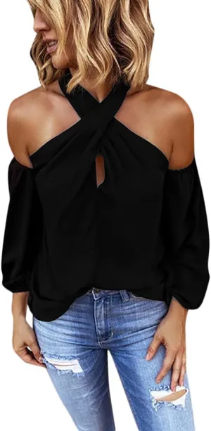 Binmer Crisscross Halter Tops for Womens Sexy Long Sleeve Shirts Casual Loose Comfy Solid Backless Tunic Blouse Fashion 2024