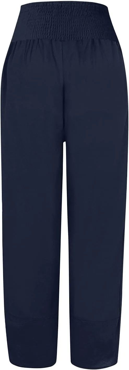 Binmer Women Capri Pants 2024 Summer Trendy Linen Cropped Trouser with Pockets Fashion Casual High Waist Beach Capris Clothes