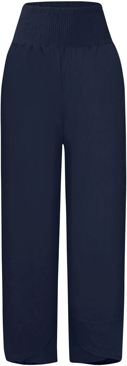 Binmer Women Capri Pants 2024 Summer Trendy Linen Cropped Trouser with Pockets Fashion Casual High Waist Beach Capris Clothes