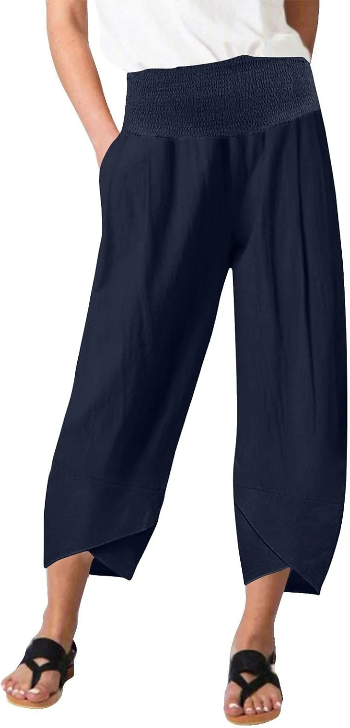 Binmer Women Capri Pants 2024 Summer Trendy Linen Cropped Trouser with Pockets Fashion Casual High Waist Beach Capris Clothes