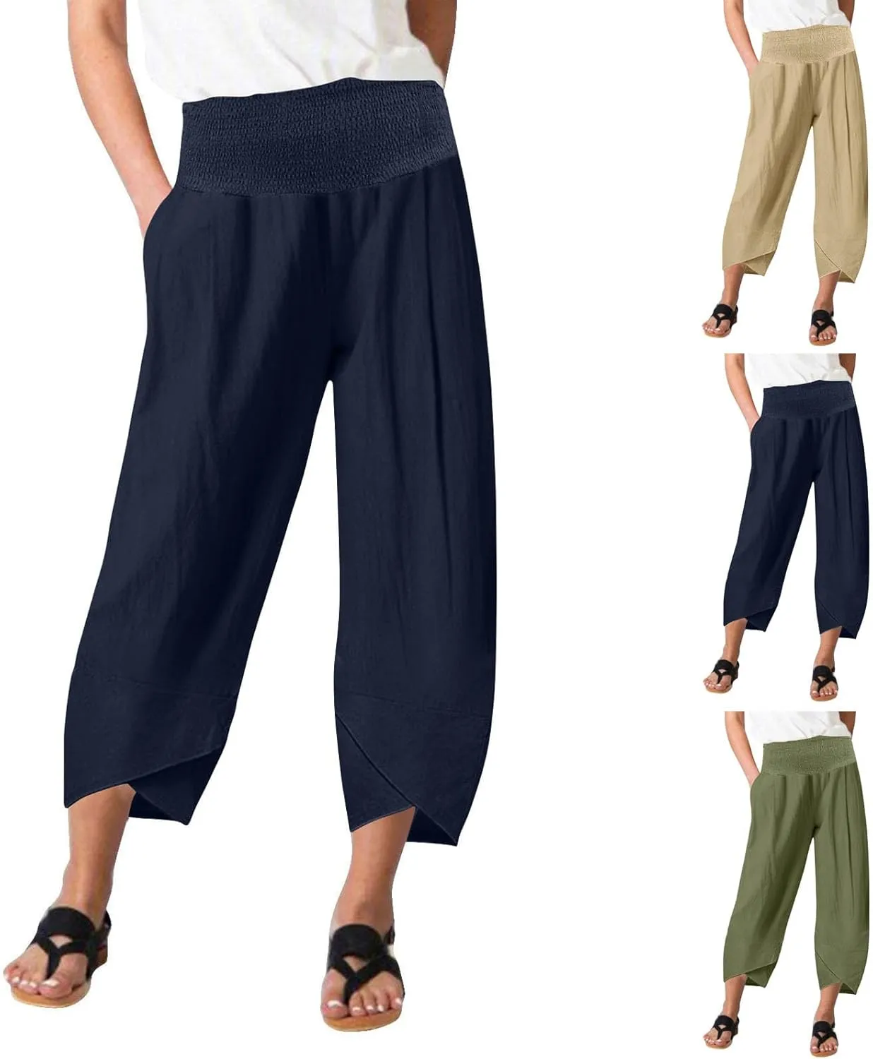 Binmer Women Capri Pants 2024 Summer Trendy Linen Cropped Trouser with Pockets Fashion Casual High Waist Beach Capris Clothes