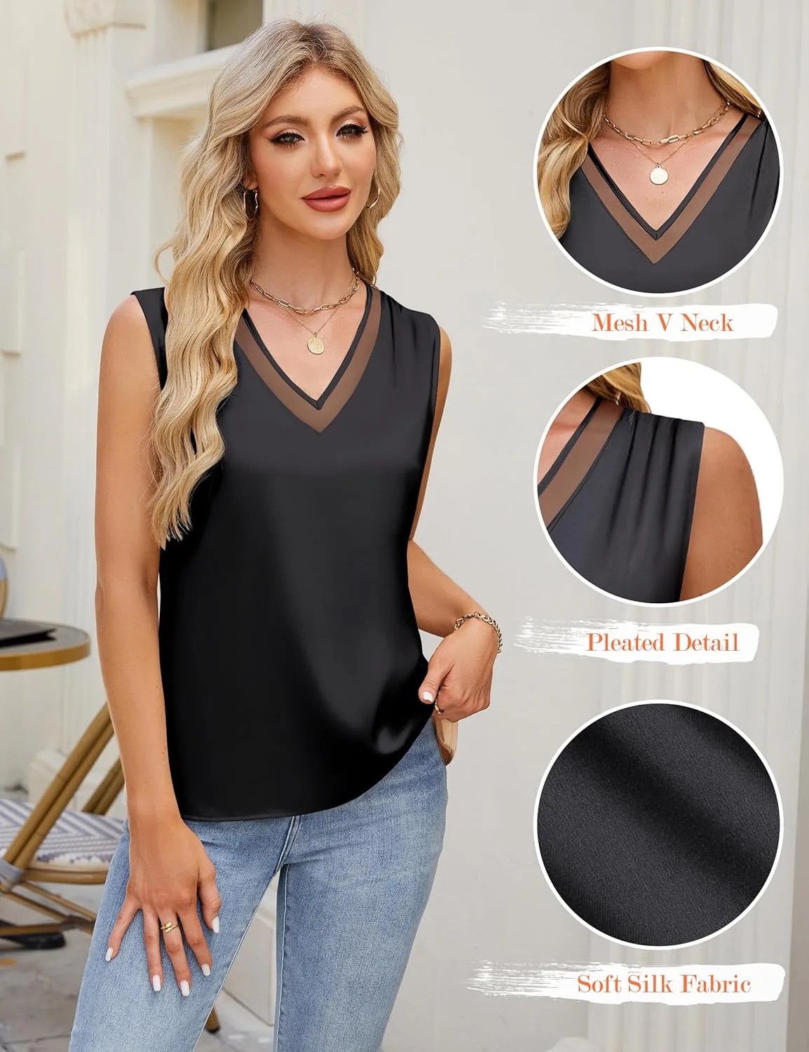 Blooming Jelly Womens Silk Business Dressy Casual Tank Tops Mesh V Neck Sleeveless Summer Blouse Work Pleated Outfits