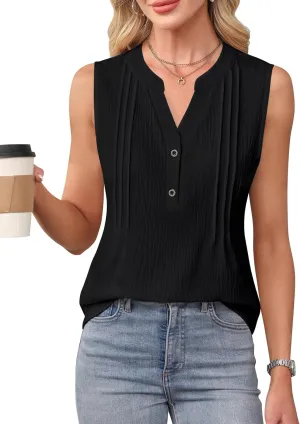 Blooming Jelly Womens Tank Tops Dressy Work Sleeveless Shirt Pleated V Neck Summer Blouse Business Casual Outfits