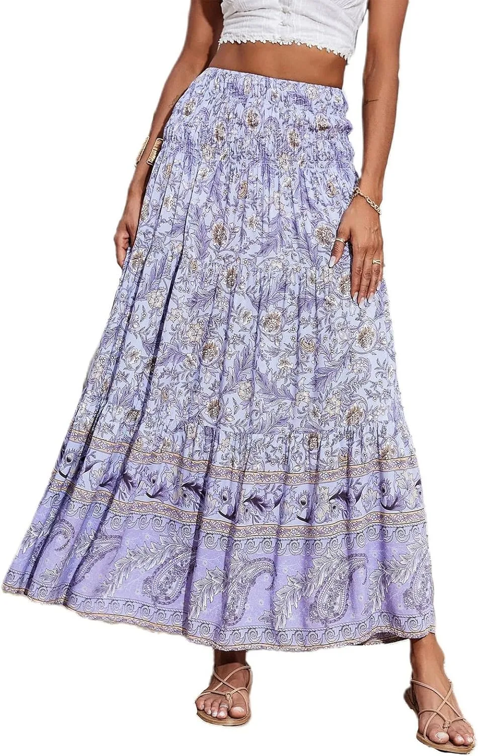 Bohemian Skirts for Women Elastic Waist Beach Floral Country Casual Business Pleated Peasant Smocked Vacation Trendy Skirts