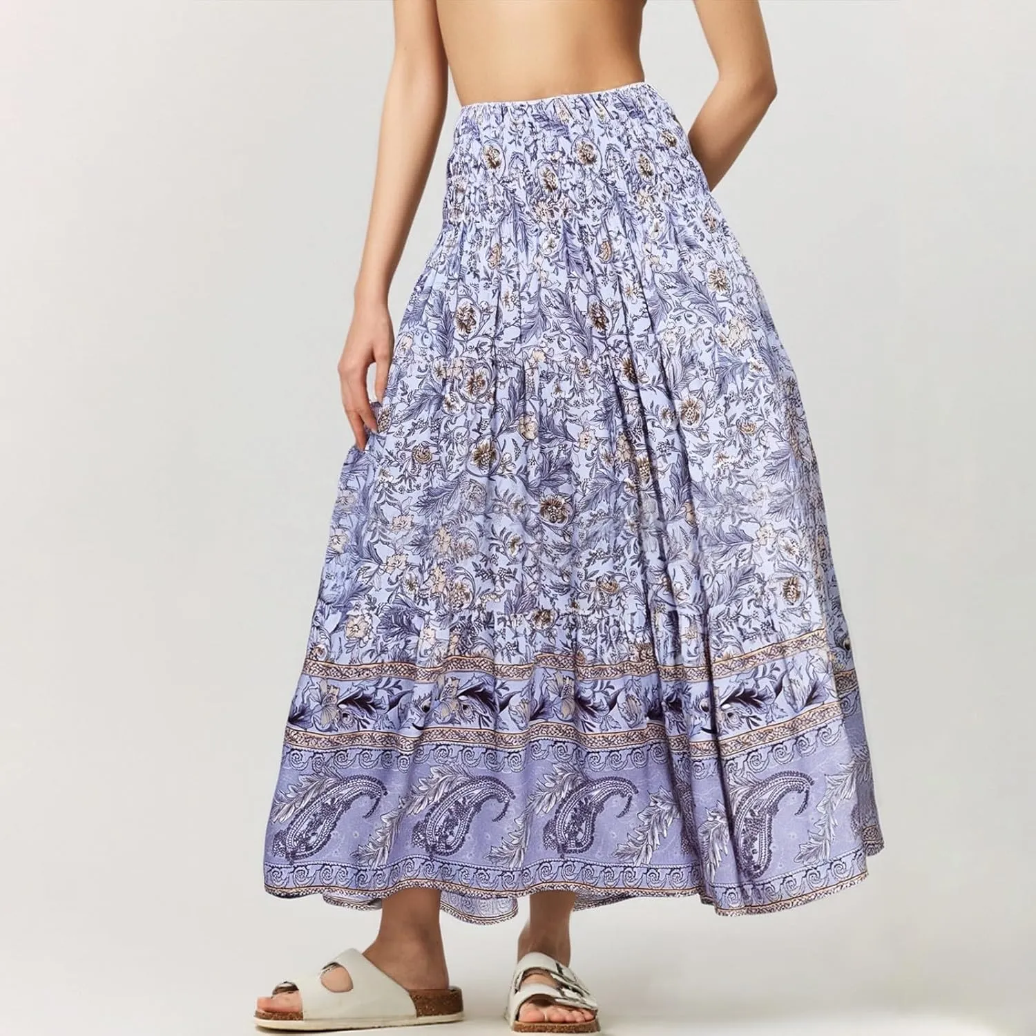 Bohemian Skirts for Women Elastic Waist Beach Floral Country Casual Business Pleated Peasant Smocked Vacation Trendy Skirts