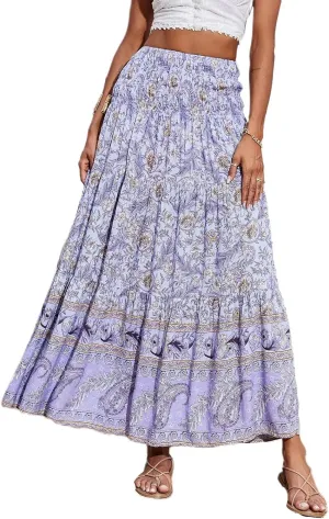 Bohemian Skirts for Women Elastic Waist Beach Floral Country Casual Business Pleated Peasant Smocked Vacation Trendy Skirts