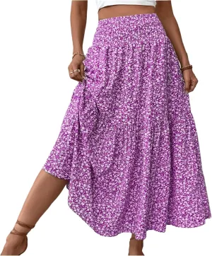 Bohemian Skirts for Women Trendy Country Floral Festival Smocked Beach Flutter Travel Elastic Waist Peasant Swing Skirts