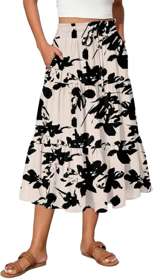 Boho Skirts for Women Floral Pleated Summer Skirt Tummy Control Elegant Dress Vacation Holiday Spring Outfits