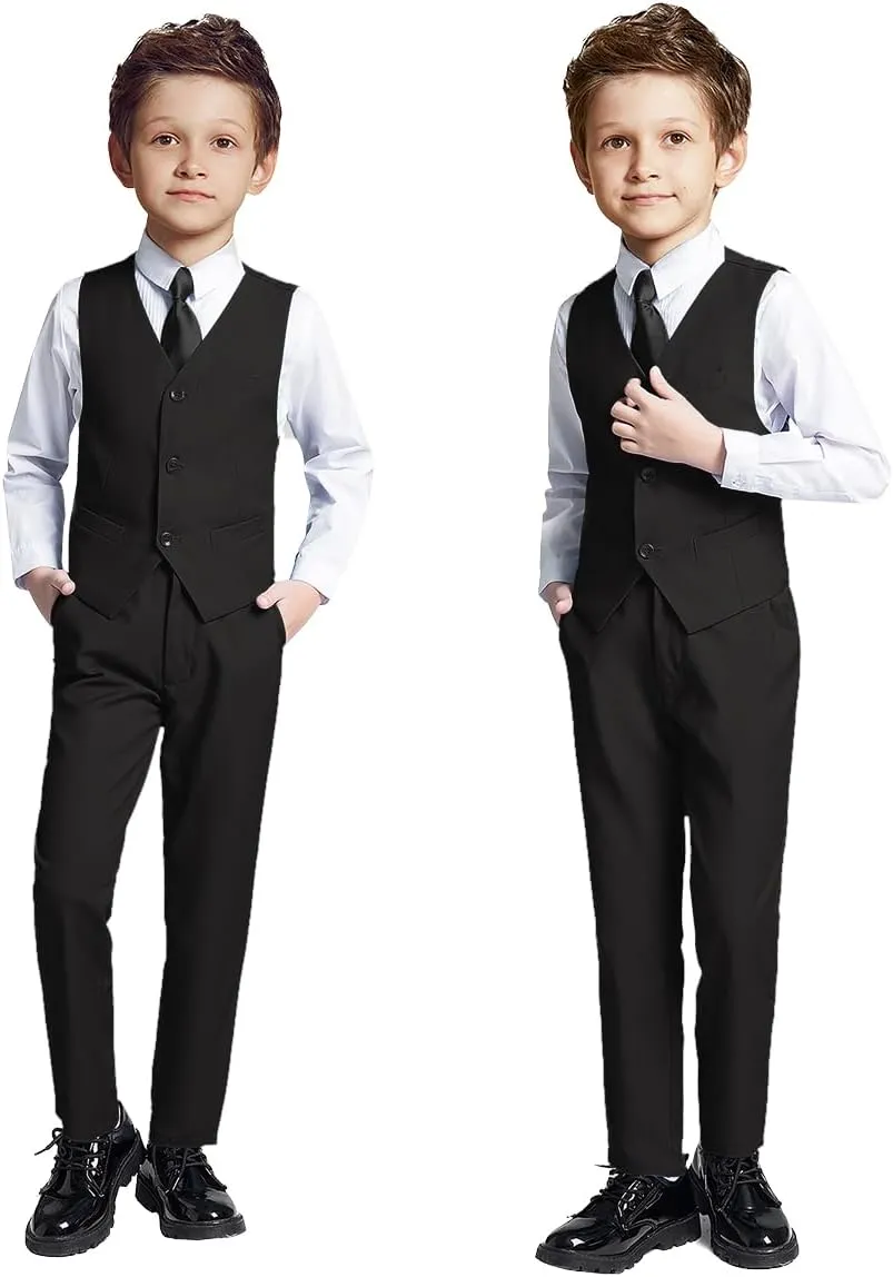 Boys 4 Pieces Suits Slim Fit Kids Outfits Vest Pants Sets Black Blue Formal Dresswear for Boy