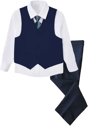 Boys 4 Pieces Suits Slim Fit Kids Outfits Vest Pants Sets Black Blue Formal Dresswear for Boy