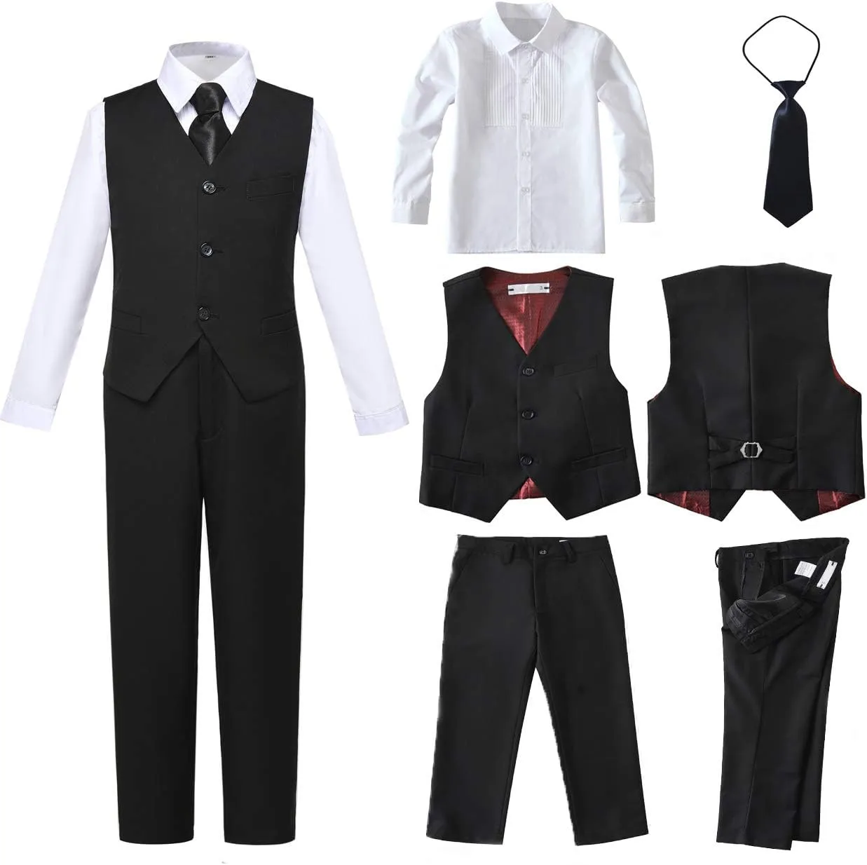 Boys 4 Pieces Suits Slim Fit Kids Outfits Vest Pants Sets Black Blue Formal Dresswear for Boy