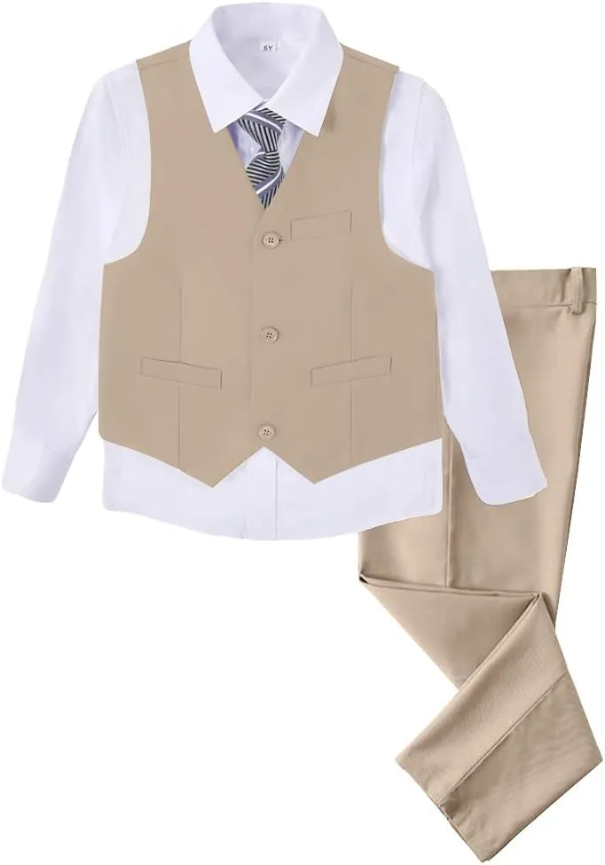 Boys 4 Pieces Suits Slim Fit Kids Outfits Vest Pants Sets Black Blue Formal Dresswear for Boy