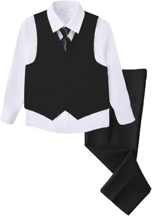 Boys 4 Pieces Suits Slim Fit Kids Outfits Vest Pants Sets Black Blue Formal Dresswear for Boy