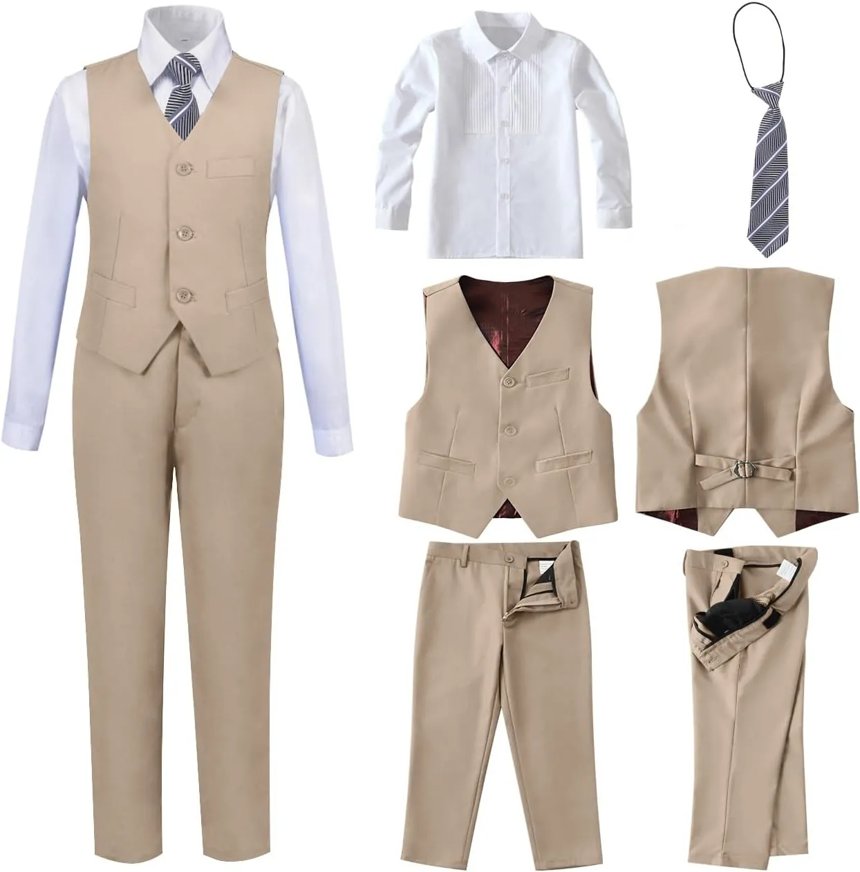 Boys 4 Pieces Suits Slim Fit Kids Outfits Vest Pants Sets Black Blue Formal Dresswear for Boy