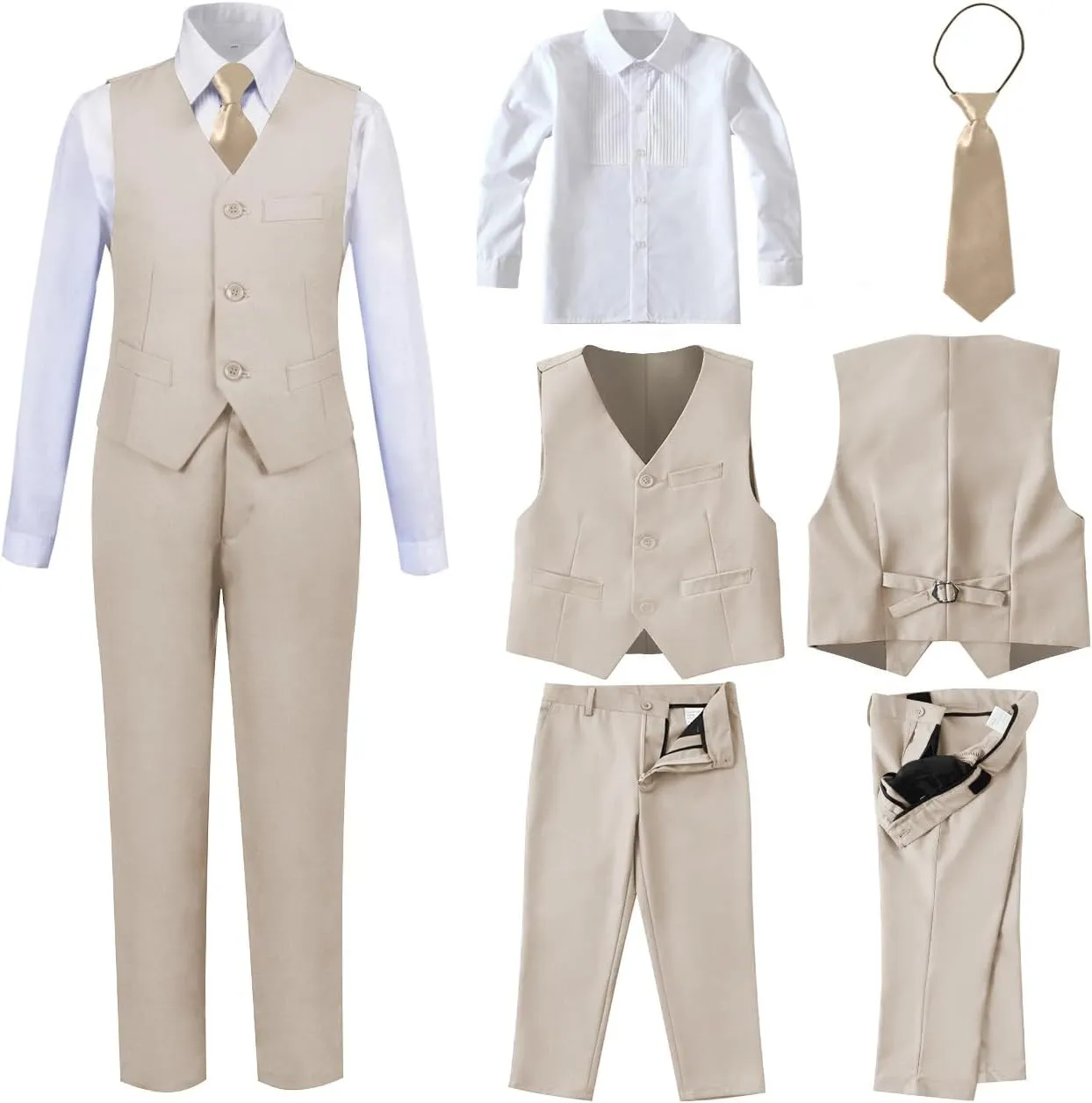 Boys 4 Pieces Suits Slim Fit Kids Outfits Vest Pants Sets Black Blue Formal Dresswear for Boy