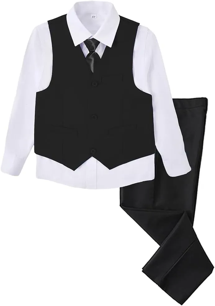 Boys 4 Pieces Suits Slim Fit Kids Outfits Vest Pants Sets Black Blue Formal Dresswear for Boy