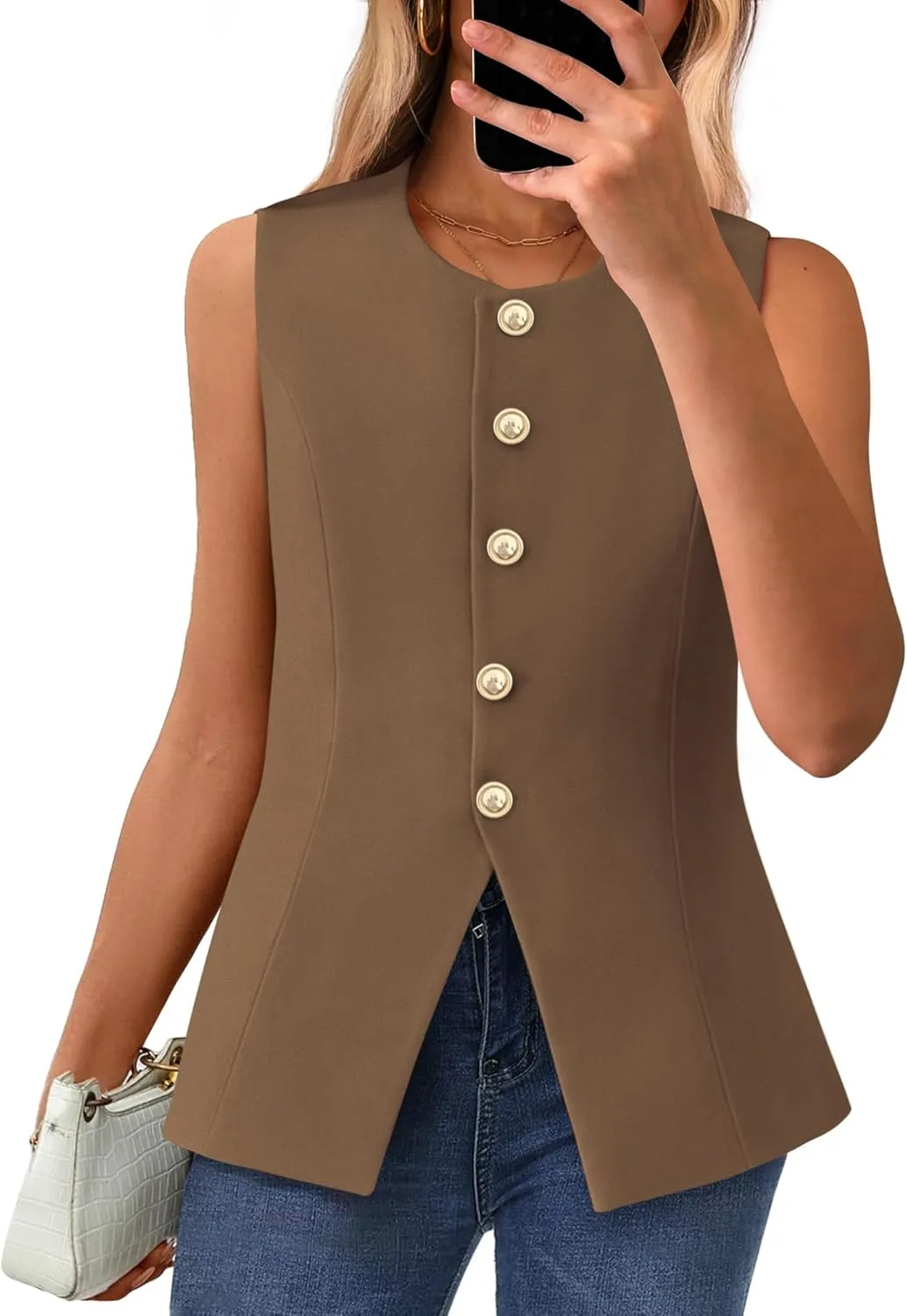 BTFBM Summer Sleeveless Blazer Vest For Women Dressy Button Down Round Neck Business Casual Outfits Work Suit Vests Tops