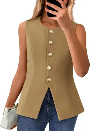 BTFBM Summer Sleeveless Blazer Vest For Women Dressy Button Down Round Neck Business Casual Outfits Work Suit Vests Tops