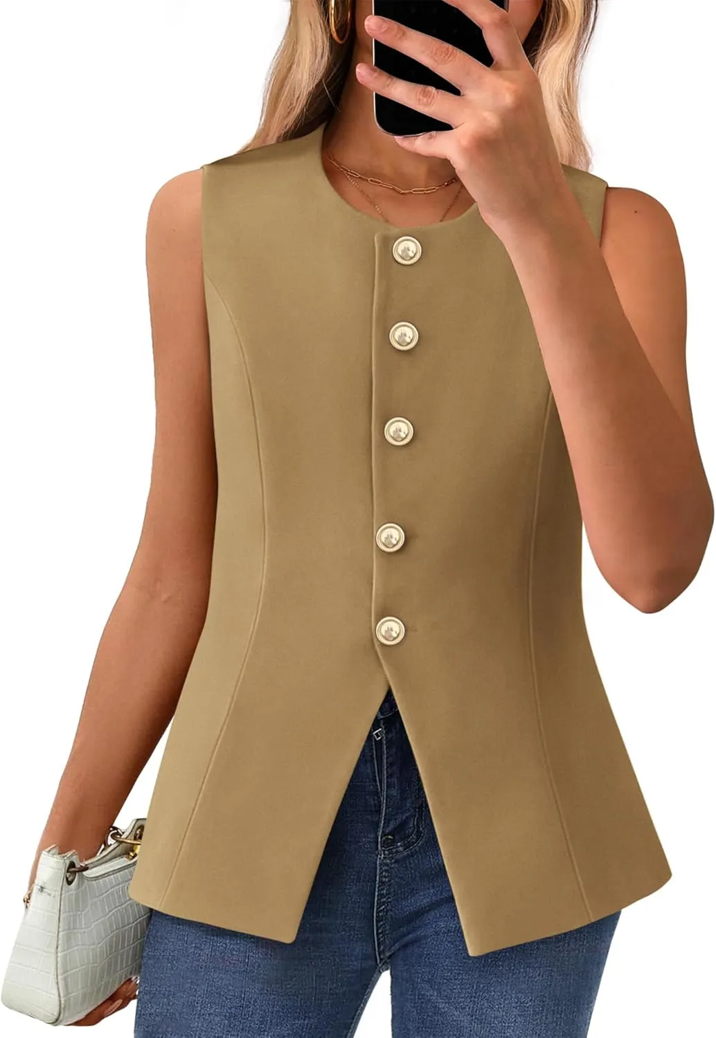 BTFBM Summer Sleeveless Blazer Vest For Women Dressy Button Down Round Neck Business Casual Outfits Work Suit Vests Tops
