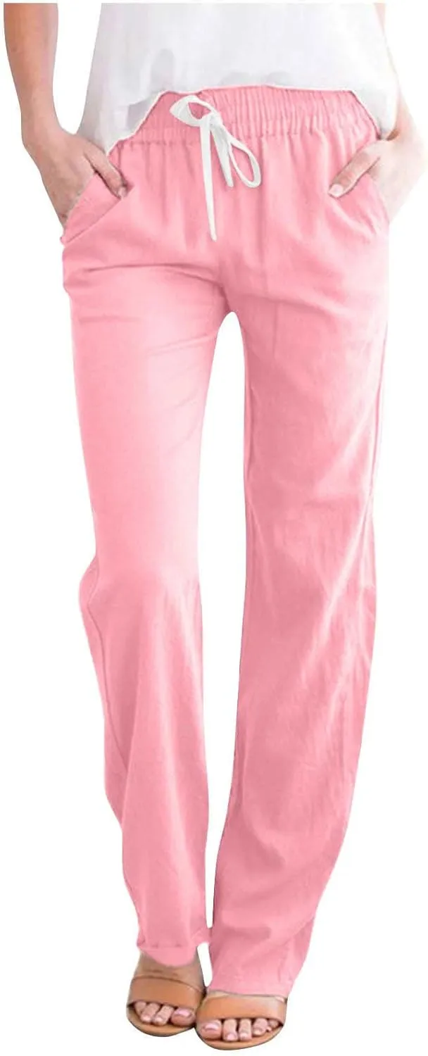 BZGTZT Women Summer Linen Pants Casual Loose Drawstring Elastic High Waist Comfy Trousers Straight Leg Long Pant with Pocket