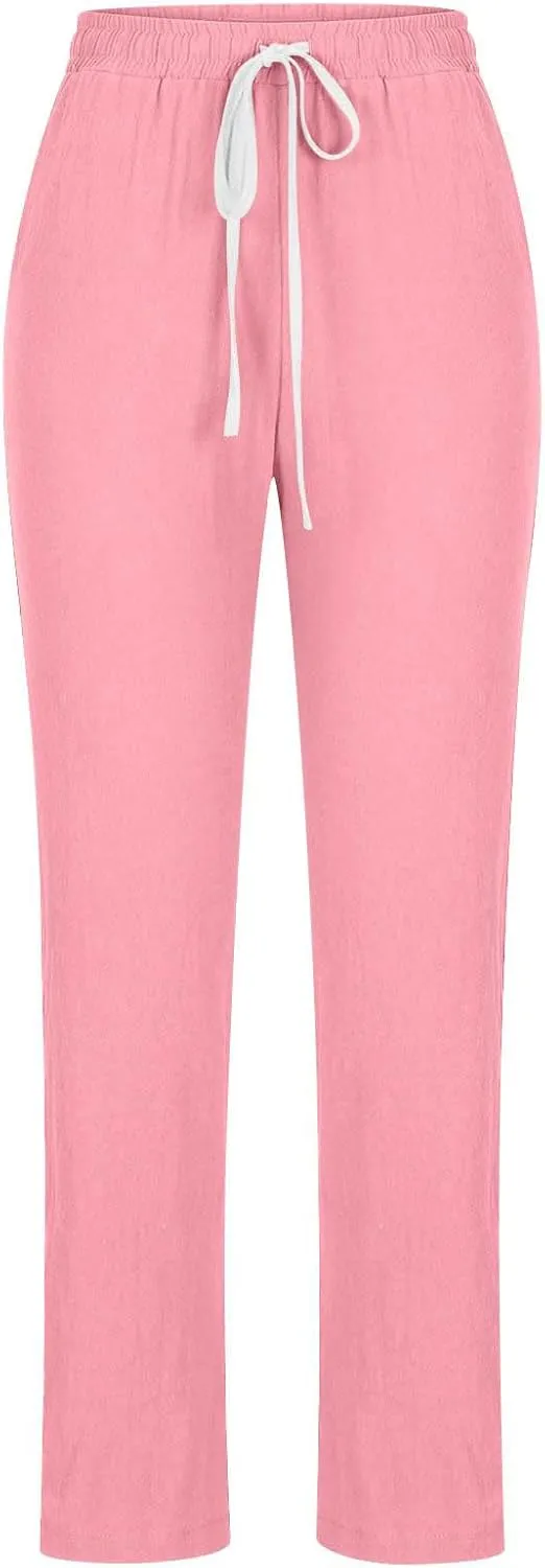 BZGTZT Women Summer Linen Pants Casual Loose Drawstring Elastic High Waist Comfy Trousers Straight Leg Long Pant with Pocket