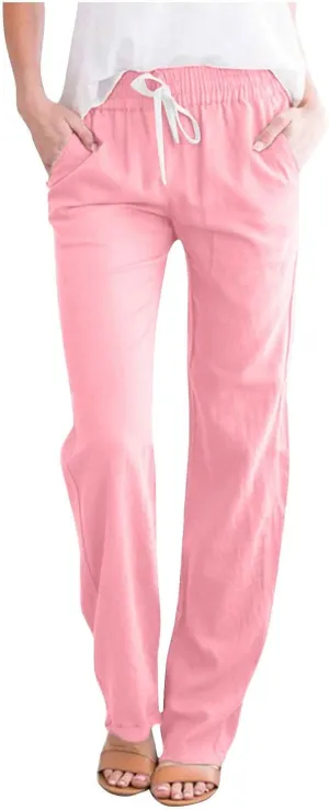 BZGTZT Women Summer Linen Pants Casual Loose Drawstring Elastic High Waist Comfy Trousers Straight Leg Long Pant with Pocket
