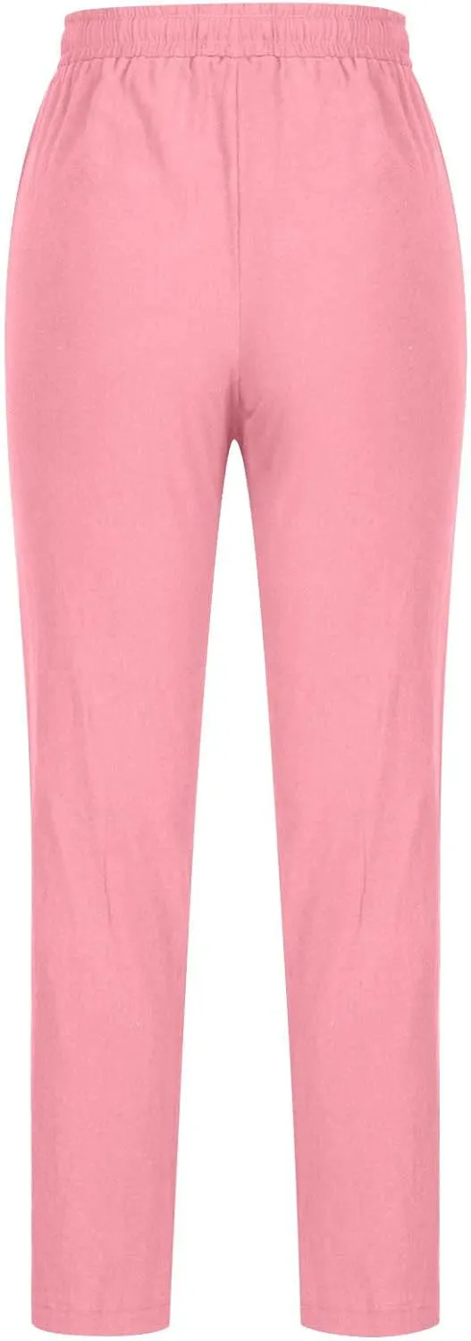 BZGTZT Women Summer Linen Pants Casual Loose Drawstring Elastic High Waist Comfy Trousers Straight Leg Long Pant with Pocket