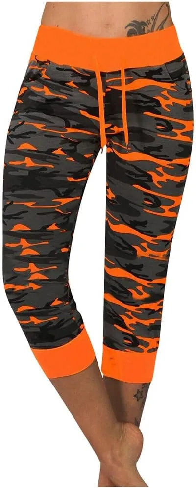 Camo Print Capri Pants for Women High Waist Casual Drawstring Trousers Workout Athletic Running Capri Leggings