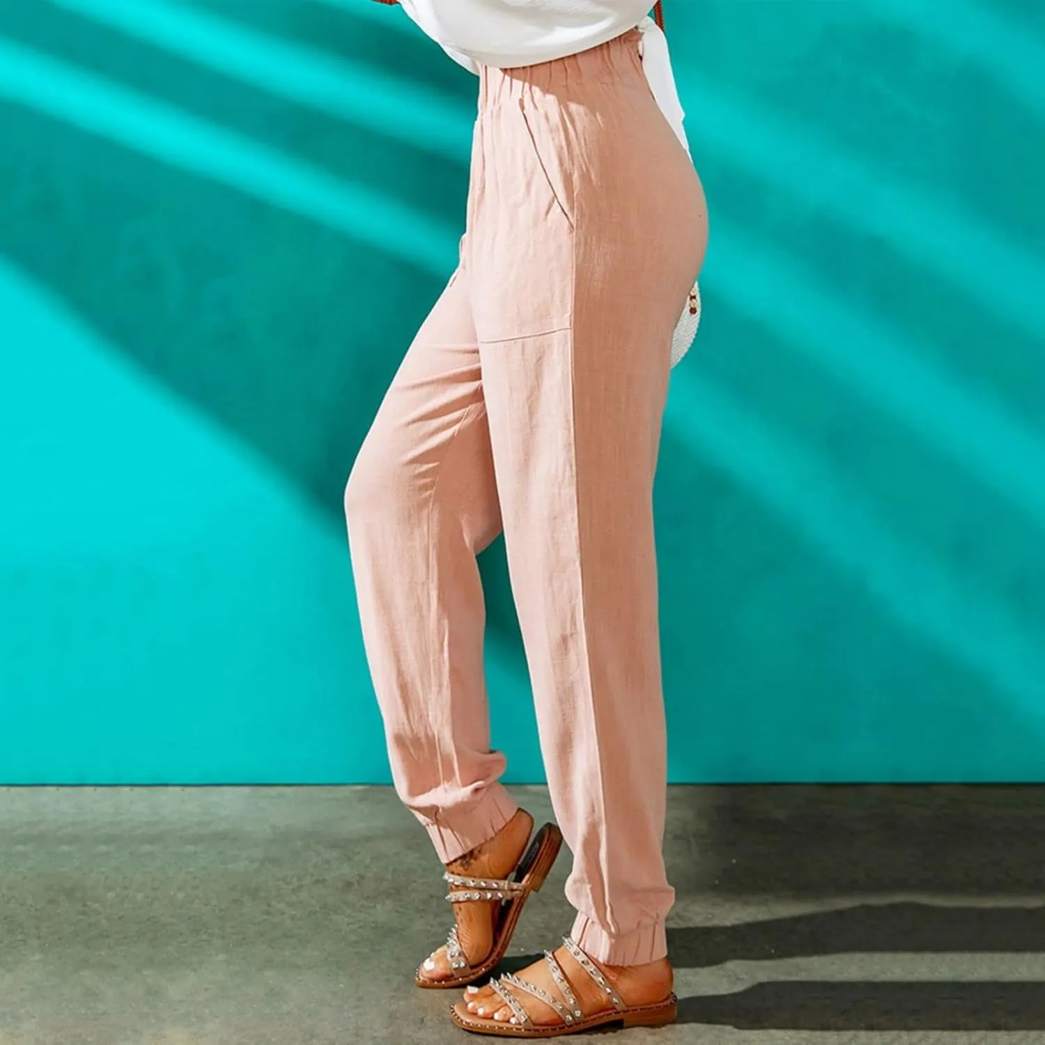 Canbebig Women's Elastic High Waist Cotton Linen Pants Solid Ruffled Long Palazzo Pants Casual Loose Trousers with Pockets