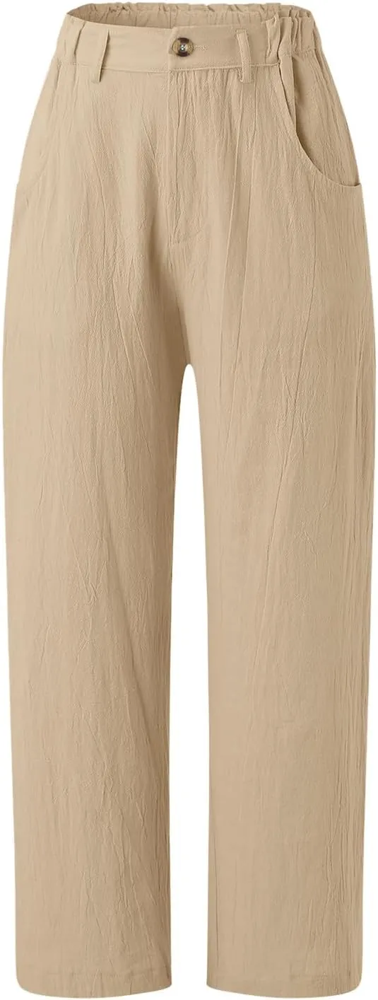 Capri Linen Pants for Women 2025 Summer Trendy Elastic High Waist Straight Leg Casual Pants Stretchy Loose Trousers