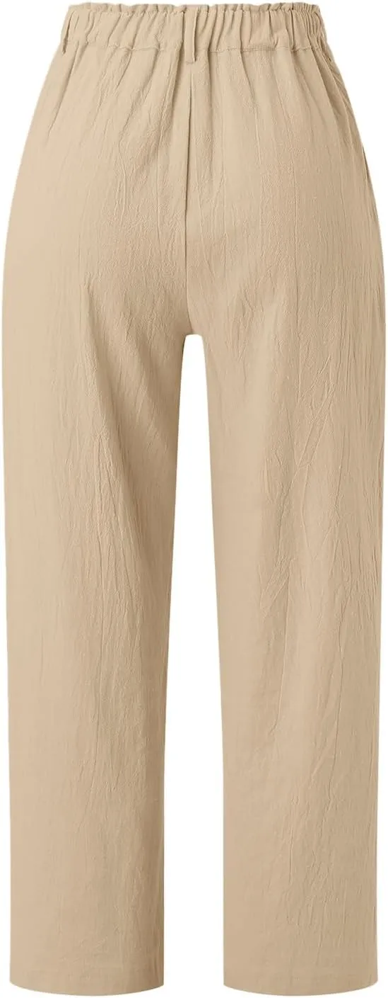 Capri Linen Pants for Women 2025 Summer Trendy Elastic High Waist Straight Leg Casual Pants Stretchy Loose Trousers