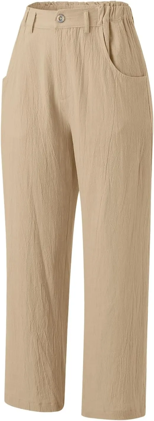 Capri Linen Pants for Women 2025 Summer Trendy Elastic High Waist Straight Leg Casual Pants Stretchy Loose Trousers