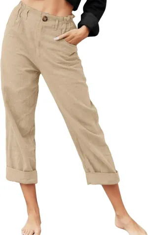 Capri Linen Pants for Women 2025 Summer Trendy Elastic High Waist Straight Leg Casual Pants Stretchy Loose Trousers