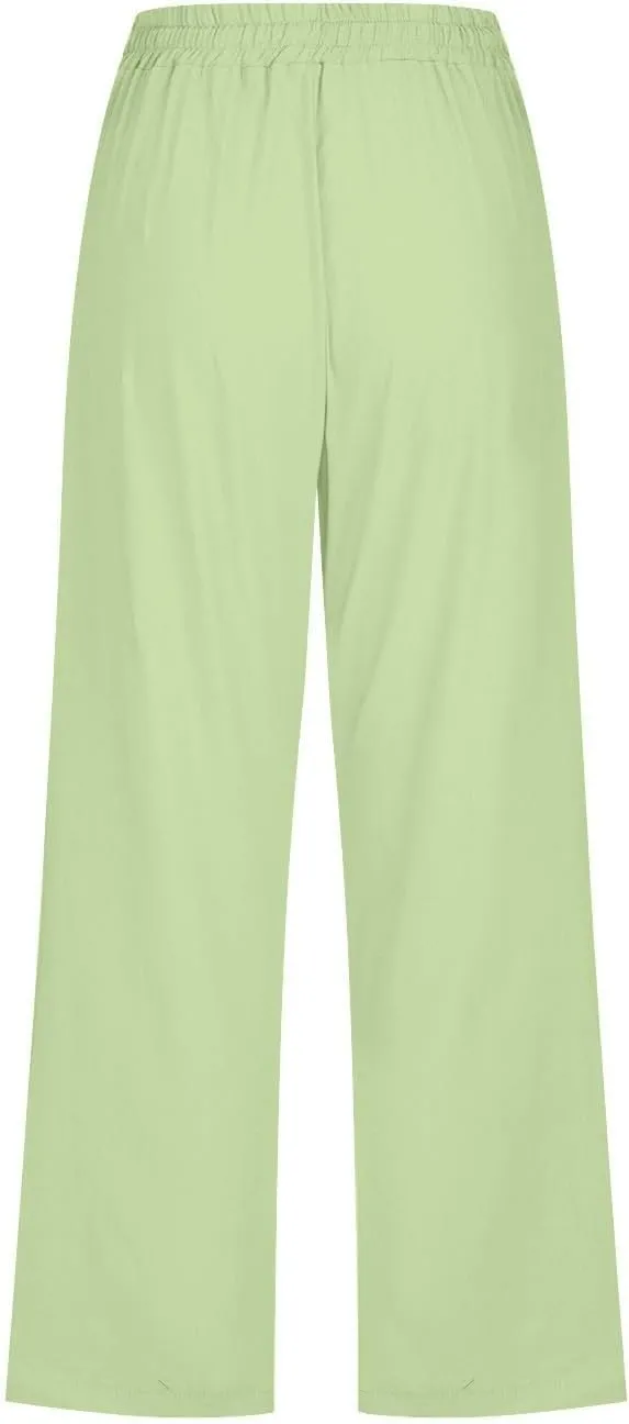 Capri Linen Pants Women Casual Summer Capris Drawstring Wide Leg Elastic High Waist Pant Cropped Trouser