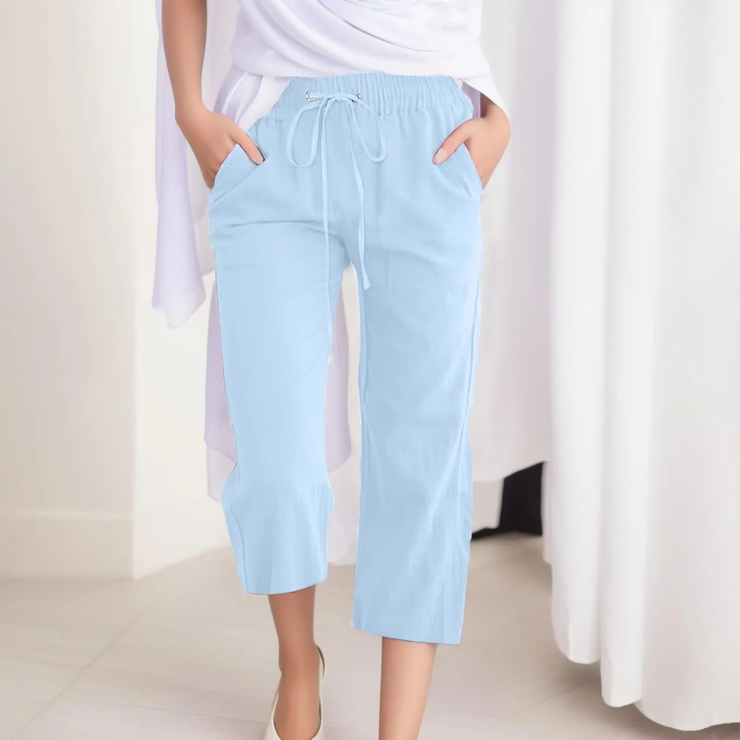 Capri Pants for Women 2024 Summer Casual Drawstring High Waist Linen Pants Straight Wide Leg Capris Cropped Trousers